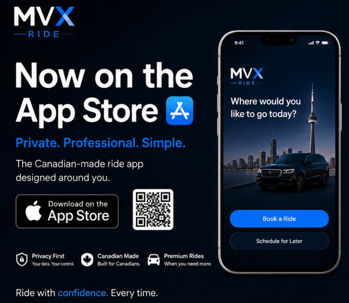 MVX Ride now on the App Store — Canadian-made ride app, Private. Professional. Simple.